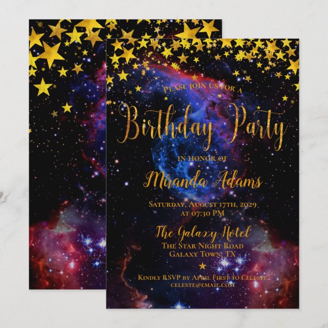 Invitación Fiesta de cumpleaños de Galaxy Stars Purpurina de  (Anverso / Reverso)