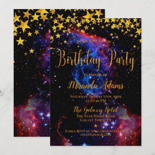 Invitación Fiesta de cumpleaños de Galaxy Stars Purpurina de