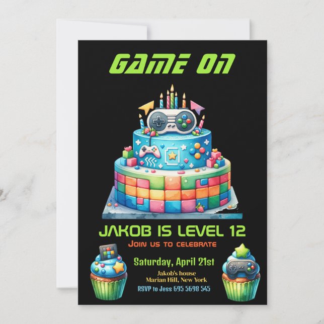 Invitación Fiesta de cumpleaños de Game Night Video Gamer Cak (Anverso)