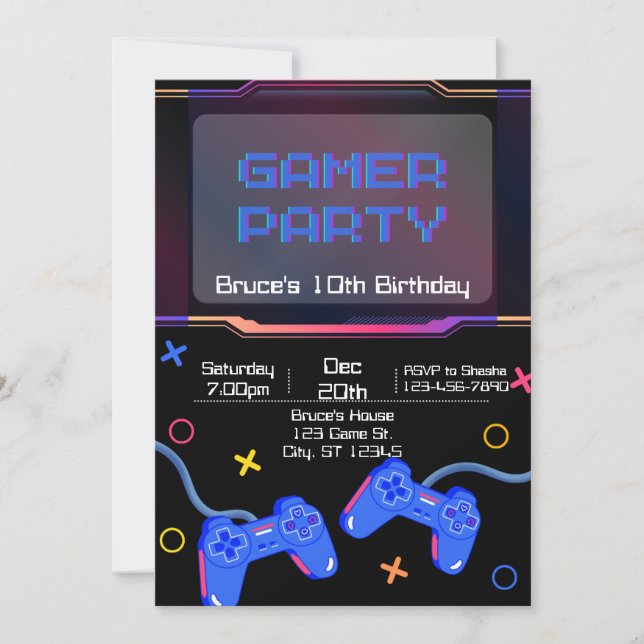 Invitación Fiesta de cumpleaños de Gamer (Anverso)