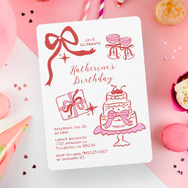Invitación Fiesta de Cumpleaños de Garabatos Rojos y Rosados 