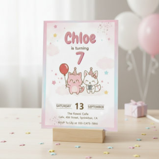 Invitación Fiesta de Cumpleaños de Gatita Rosa para Niñas Lin