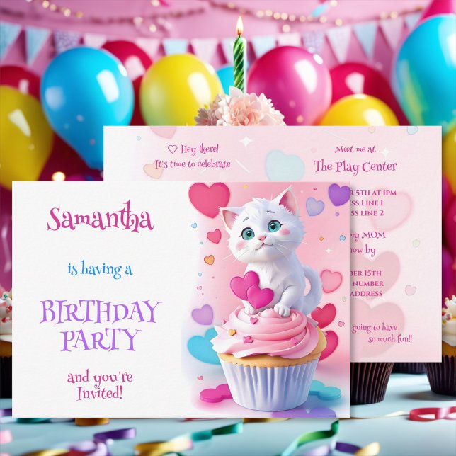Invitación Fiesta de Cumpleaños de Gatito Blanco y Cupcake Fe (Subido por el creador)