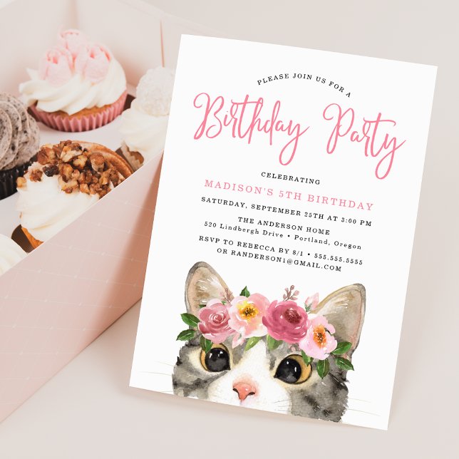 Invitación Fiesta de cumpleaños de gatito con acuarela dulce (Subido por el creador)