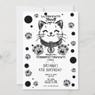 Invitación Fiesta de cumpleaños de gatito Kitty en blanco y n
