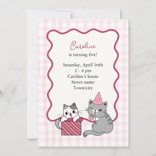 Invitación Fiesta de Cumpleaños de Gatito Rosa Adorable para  (Anverso)