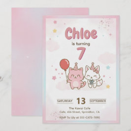 Invitación Fiesta de Cumpleaños de Gatito Rosa para Niñas Lin
