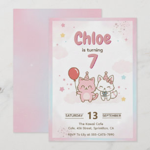 Invitación Fiesta de Cumpleaños de Gatito Rosa para Niñas Lin