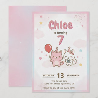 Invitación Fiesta de Cumpleaños de Gatito Rosa para Niñas Lin
