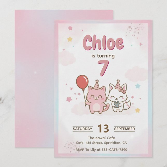 Invitación Fiesta de Cumpleaños de Gatito Rosa para Niñas Lin (Anverso / Reverso)