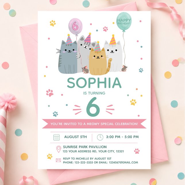 Invitación Fiesta de Cumpleaños de Gato Adorable (Subido por el creador)