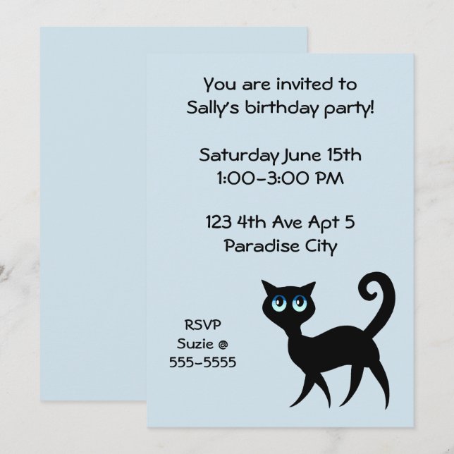 Invitación Fiesta de cumpleaños de gato azul y negro (Anverso / Reverso)