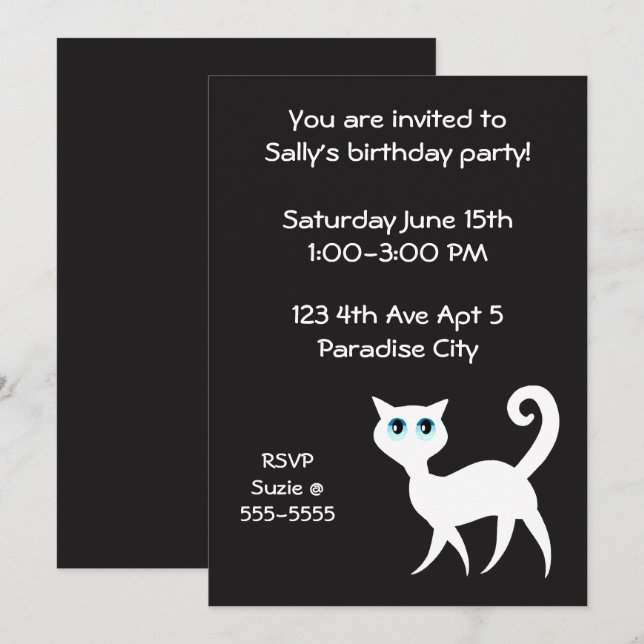 Invitación Fiesta de cumpleaños de gato blanco y negro (Anverso / Reverso)