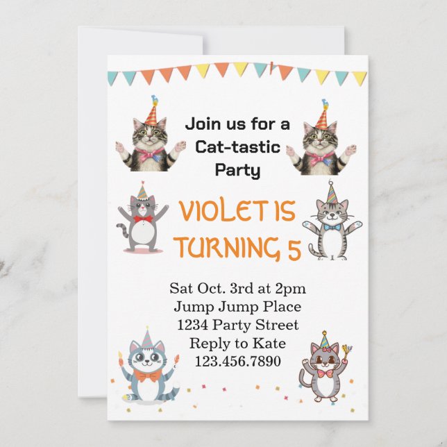 Invitación Fiesta de cumpleaños de gato gitano gatito con Rel (Anverso)