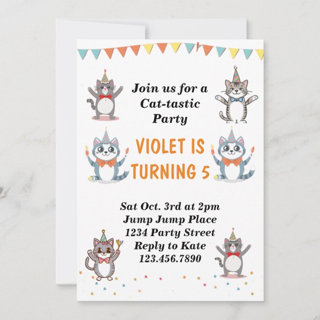 Invitación Fiesta de cumpleaños de gato gitano gatito con Rel (Anverso)