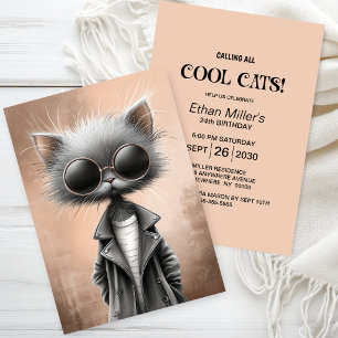 Invitación Fiesta de Cumpleaños de Gato Gris Genial