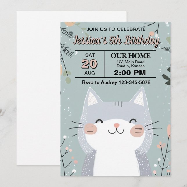 Invitación Fiesta de cumpleaños de gato lindo y adorable (Anverso / Reverso)
