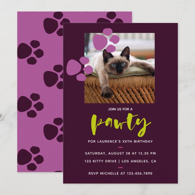 Invitación Fiesta de cumpleaños de gato morada y berenjena de (Anverso / Reverso)