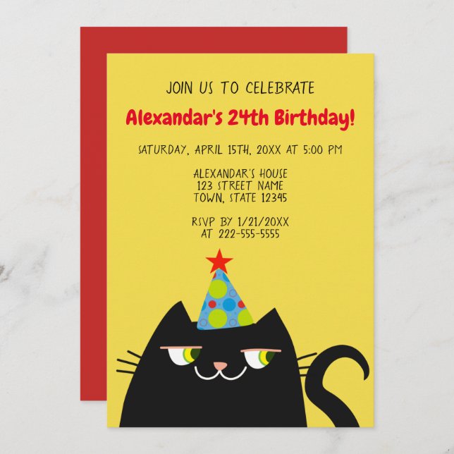 Invitación Fiesta de cumpleaños de gato negro divertida (Anverso / Reverso)