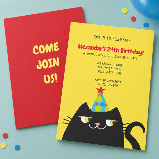 Invitación Fiesta de Cumpleaños de Gato Negro Divertido