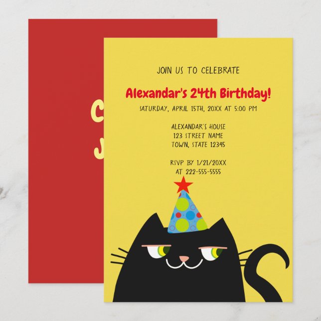 Invitación Fiesta de Cumpleaños de Gato Negro Divertido (Anverso / Reverso)