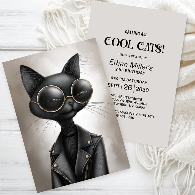 Invitación Fiesta de Cumpleaños de Gato Negro Sofisticado (Subido por el creador)