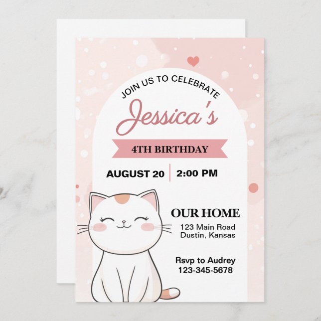 Invitación Fiesta de cumpleaños de gatos aburrida y cariñosa (Anverso / Reverso)