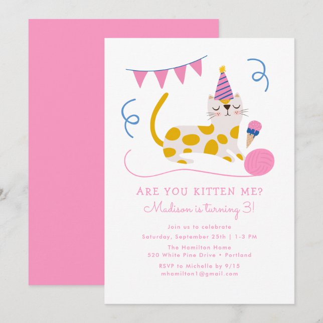 Invitación Fiesta de cumpleaños de gatos de cumpleaños lindo (Anverso / Reverso)