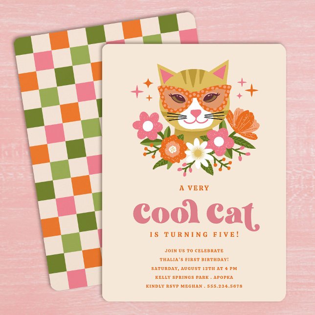 Invitación Fiesta de cumpleaños de gatos de Guay con flores d (Subido por el creador)