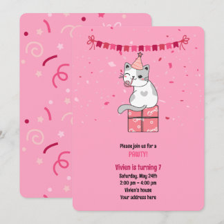Invitación Fiesta de cumpleaños de gatos rosados para niños