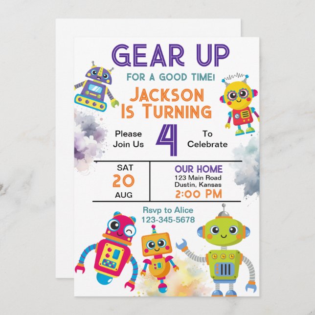 Invitación Fiesta de cumpleaños de Gear Up Robot (Anverso / Reverso)