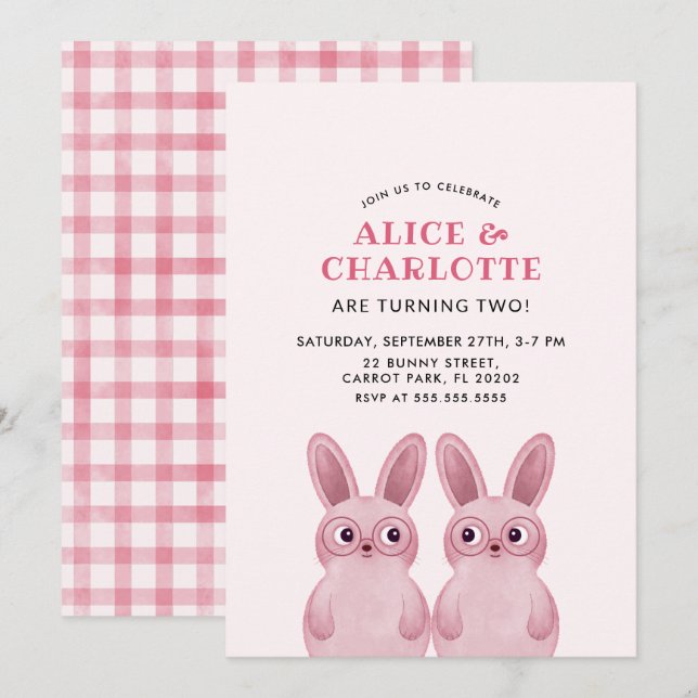 Invitación Fiesta de Cumpleaños de Gemelas Bunny para Bebés N (Anverso / Reverso)
