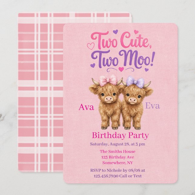Invitación Fiesta de cumpleaños de gemelas con vacas Highland (Anverso / Reverso)