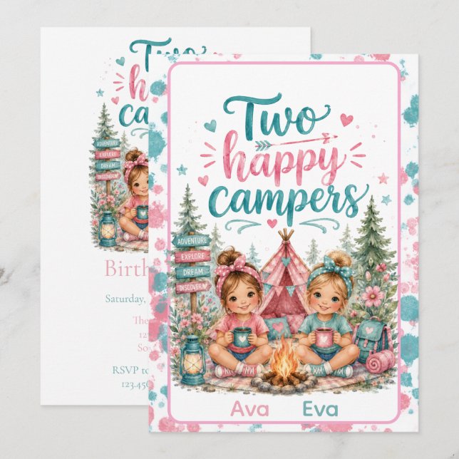 Invitación Fiesta de cumpleaños de gemelas 'Dos campistas fel (Anverso / Reverso)
