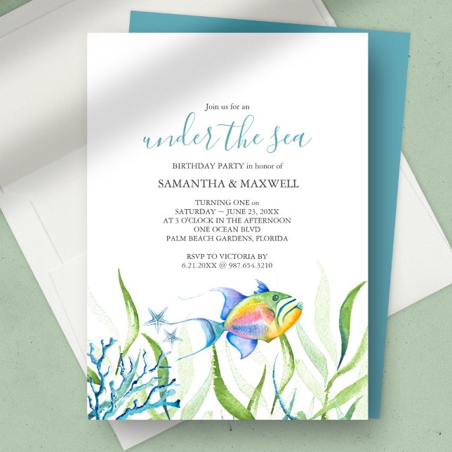 Invitación Fiesta de cumpleaños de gemelos Cute acuarela trop (twins birthday under the sea gender neutral tropical fish watercolor)