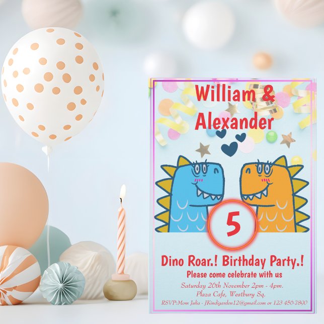 Invitación Fiesta de cumpleaños de gemelos Dino Roar (Twins Dino Roar Birthday)