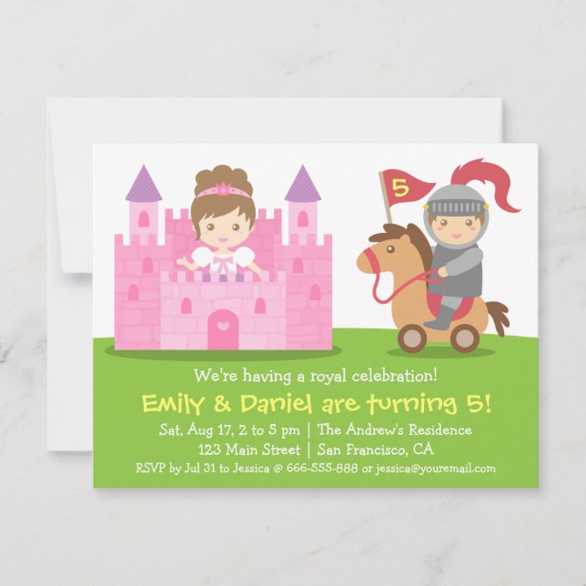 Invitación Fiesta de Cumpleaños de Gemelos Princesa y Caballe (Anverso)