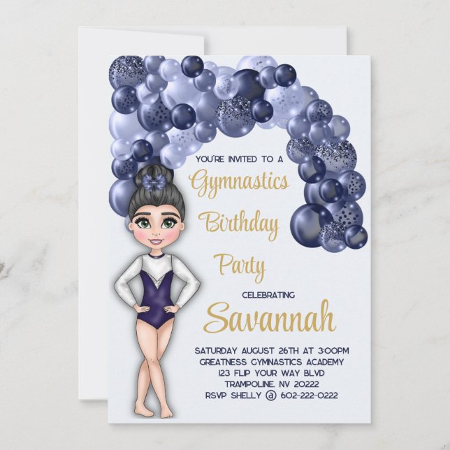 Invitación Fiesta de cumpleaños de gimnasia con arco de globo (Anverso)