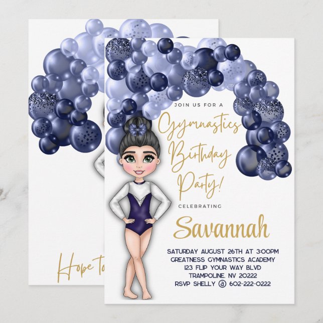 Invitación Fiesta de cumpleaños de gimnasia con arco de globo (Anverso / Reverso)