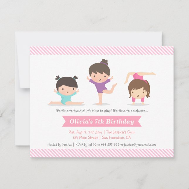 Invitación Fiesta de Cumpleaños de Gimnasia de Tumbling Girls (Anverso)