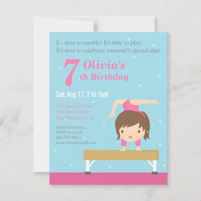 Invitación Fiesta de Cumpleaños de Gimnasia de Viga de Equili (Anverso)