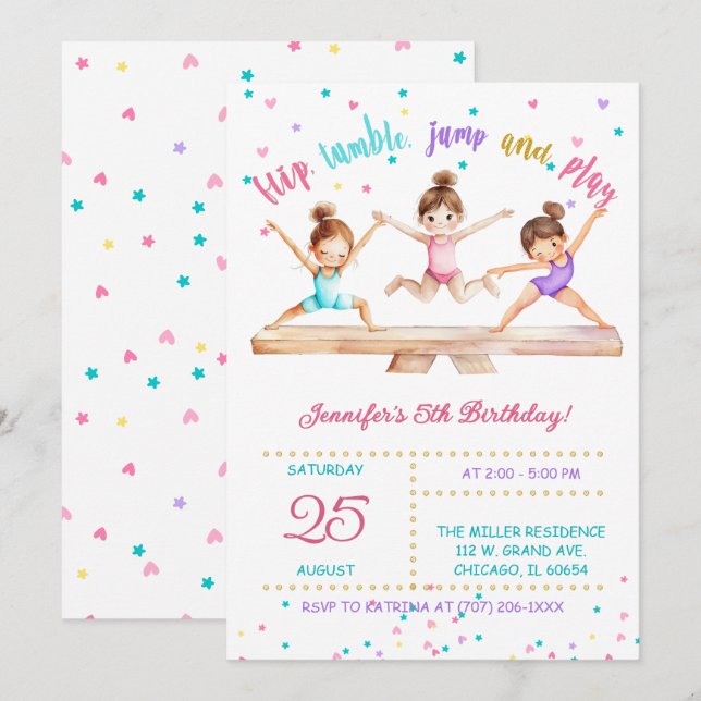 Invitación Fiesta de Cumpleaños de Gimnasia Editable para Niñ (Anverso / Reverso)