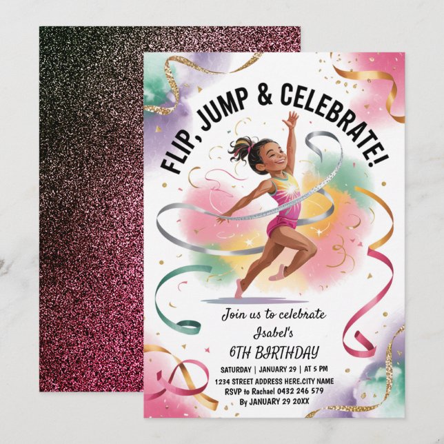 Invitación Fiesta de cumpleaños de gimnasia para chicas moder (Anverso / Reverso)