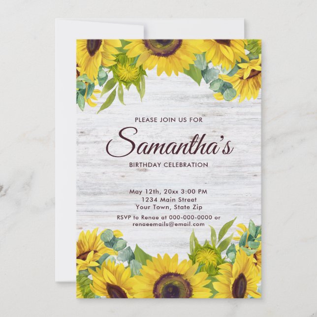 Invitación Fiesta de cumpleaños de girasoles acuarela rústica (Anverso)