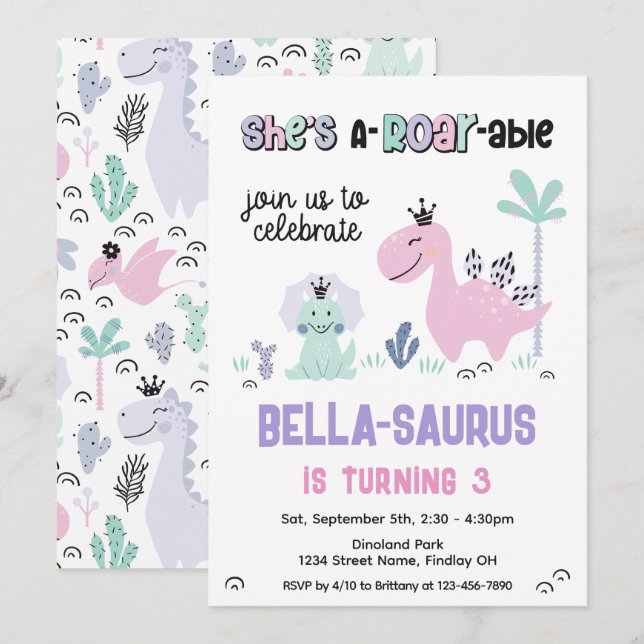 Invitación Fiesta de cumpleaños de Girly Dinosaur A-Roar (Anverso / Reverso)