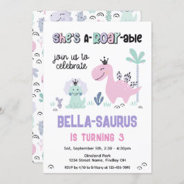 Invitación Fiesta de cumpleaños de Girly Dinosaur A-Roar