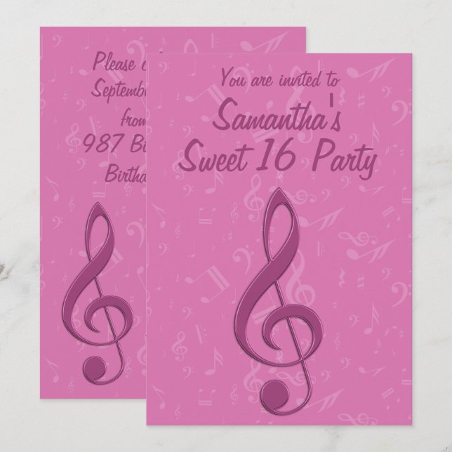 Invitación Fiesta de cumpleaños de Girly Pink Clef y notas mu (Anverso / Reverso)