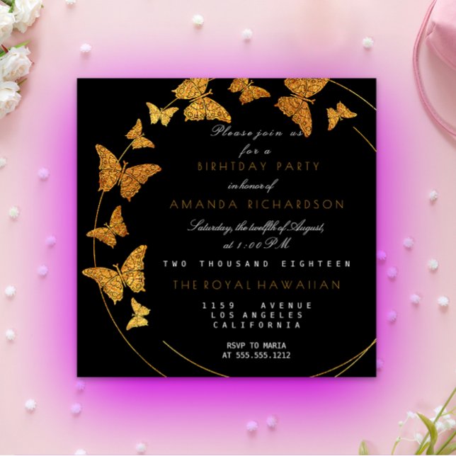 Invitación Fiesta de cumpleaños de Glam Vip, mariposa de Reli (Golden Foil Butterfly Glam Vip Birthday Party Invitation)