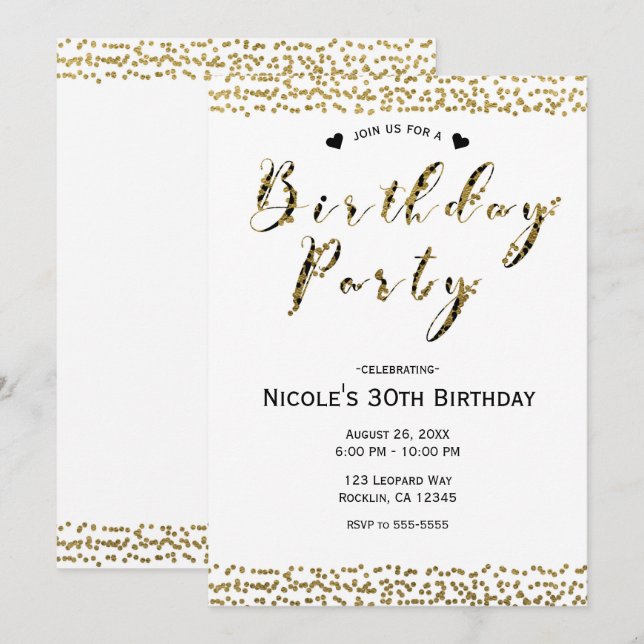 Invitación Fiesta de Cumpleaños de Glamour Moderno de Oro Bla (Anverso / Reverso)