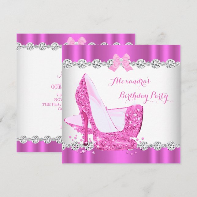 Invitación Fiesta de cumpleaños de glamour rosa purpurina (Anverso / Reverso)